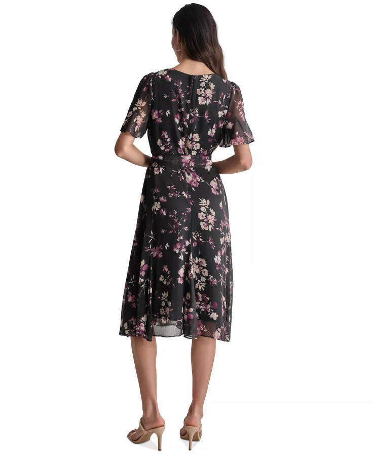 Women's Floral Flutter-Sleeve Belted Dress Raisin/Black - 2