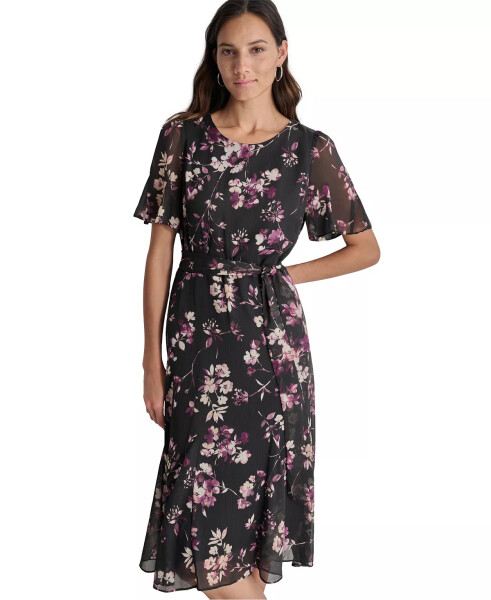 Women's Floral Flutter-Sleeve Belted Dress Raisin/Black - 4