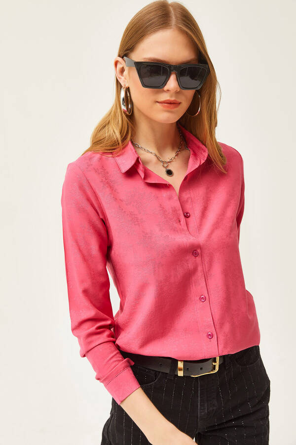 Women's Floral Fuchsia Jacquard Satin Detailed Woven Shirt GML-19001173 - 1