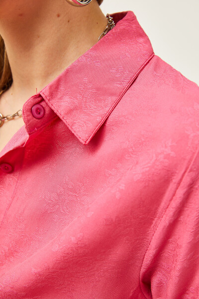 Women's Floral Fuchsia Jacquard Satin Detailed Woven Shirt GML-19001173 - 3