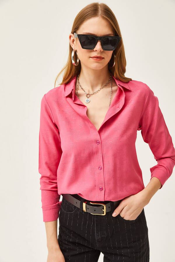 Women's Floral Fuchsia Jacquard Satin Detailed Woven Shirt GML-19001173 - 4