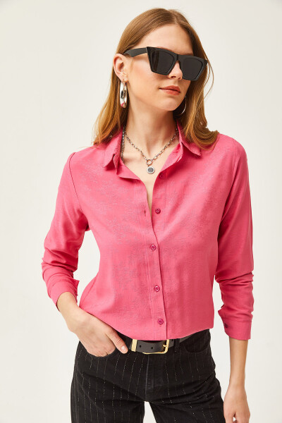 Women's Floral Fuchsia Jacquard Satin Detailed Woven Shirt GML-19001173 - 5