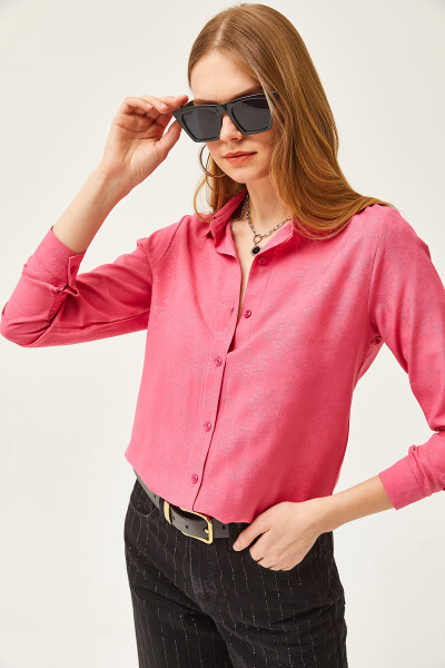 Women's Floral Fuchsia Jacquard Satin Detailed Woven Shirt GML-19001173 - 6