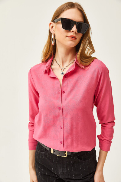 Women's Floral Fuchsia Jacquard Satin Detailed Woven Shirt GML-19001173 - 7