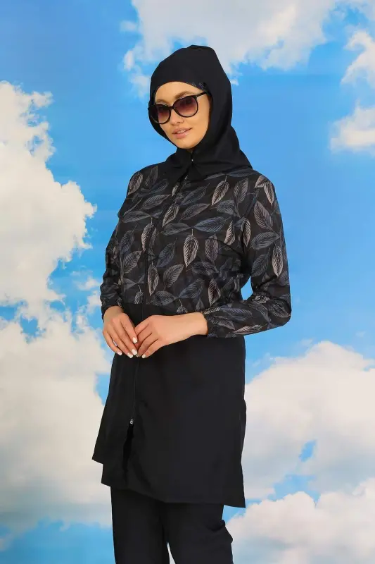 Women's Floral Full Coverage Burqini in Navy Blue 31075 - 1