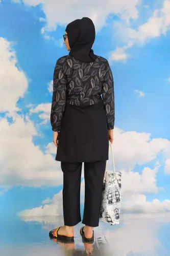 Women's Floral Full Coverage Burqini in Navy Blue 31075 - 3