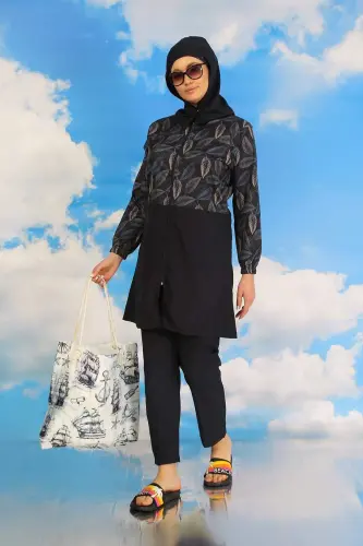 Women's Floral Full Coverage Burqini in Navy Blue 31075 - 5