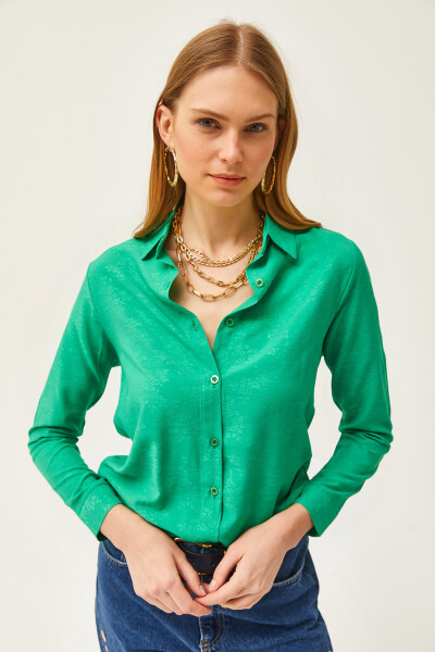 Women's Floral Grass Jacquard Satin Detail Woven Shirt GML-19001173 - 6