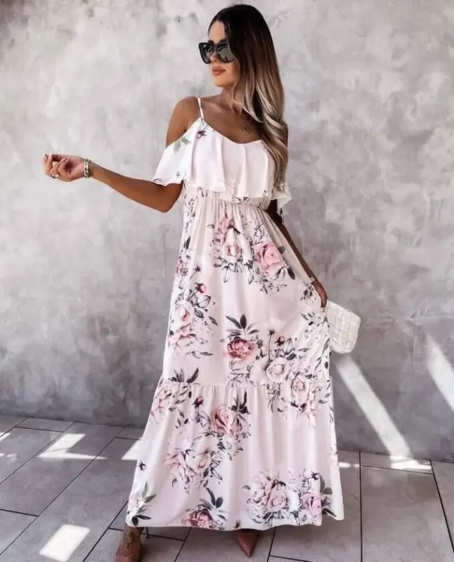 Women's Floral Pattern Maxi Length Micro Fabric Dress - 1