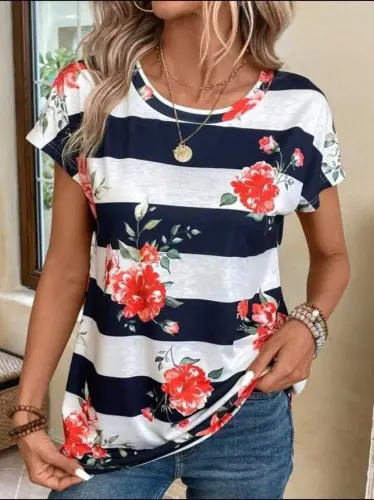Women's Floral Patterned Horizontal Striped Crew Neck T-Shirt - 1