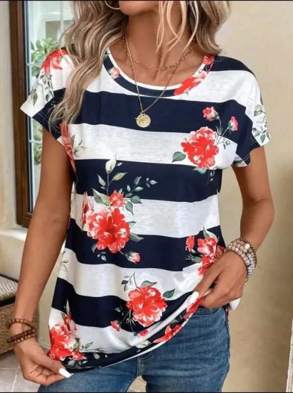 Women's Floral Patterned Horizontal Striped Crew Neck T-Shirt - 1