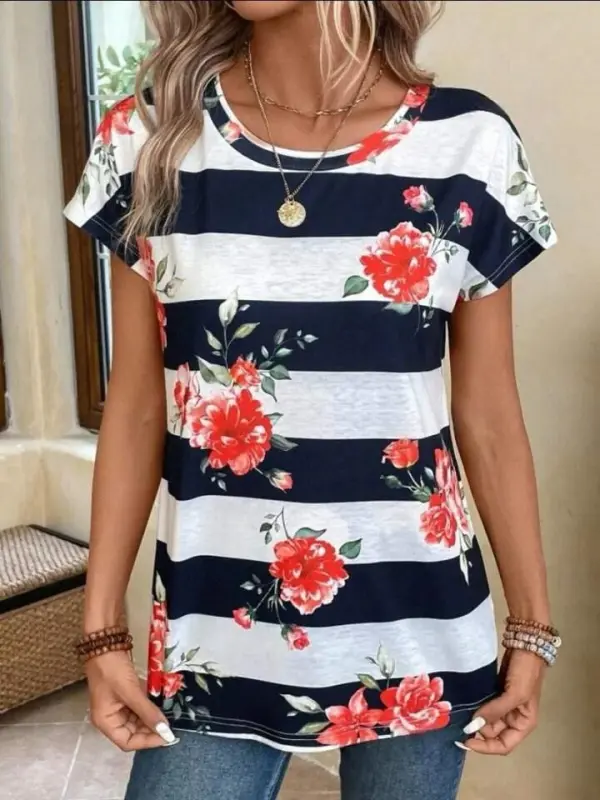 Women's Floral Patterned Horizontal Striped Crew Neck T-Shirt - 3