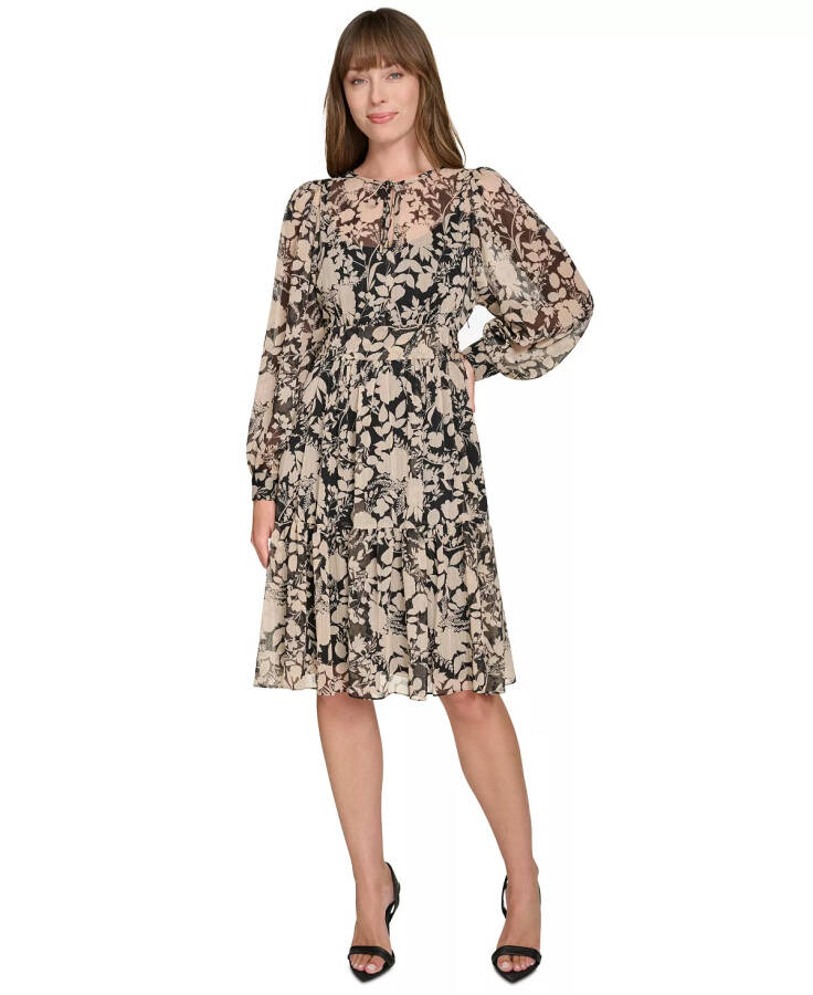 Women's Floral-Print Fit & Flare Dress Black/Sand - 1
