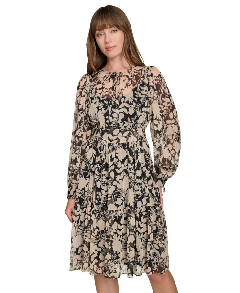 Women's Floral-Print Fit & Flare Dress Black/Sand - 4