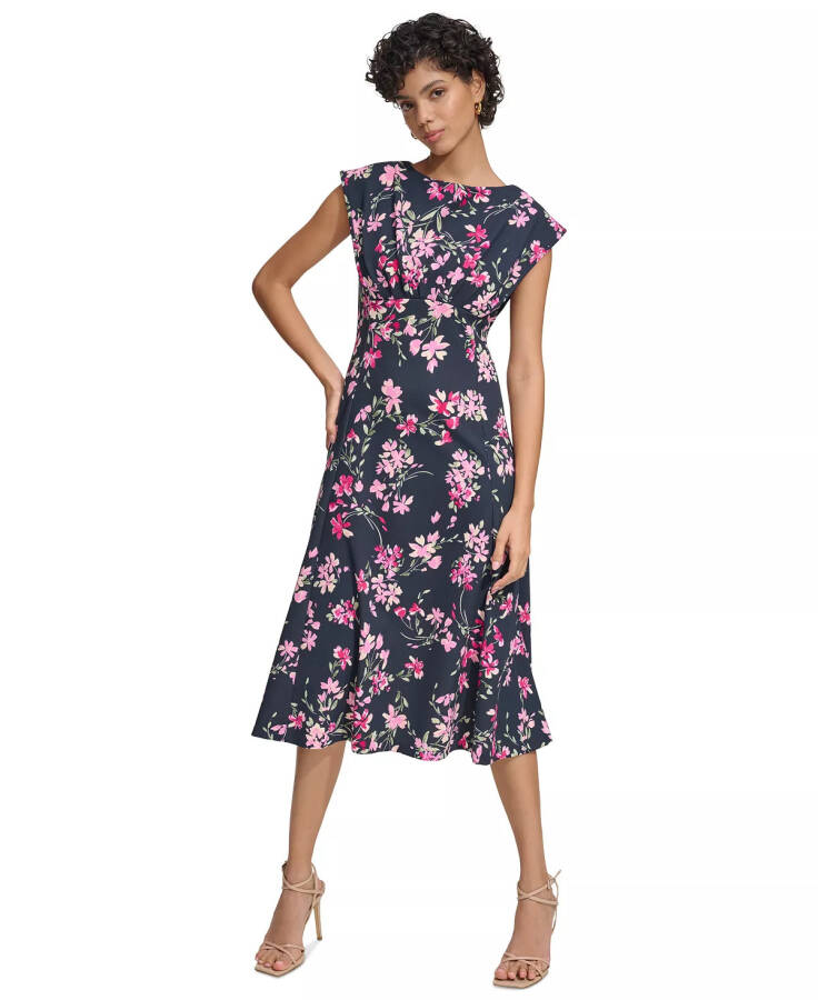 Women's Floral-Print Gathered-Waist Dress Dark Blue - 1