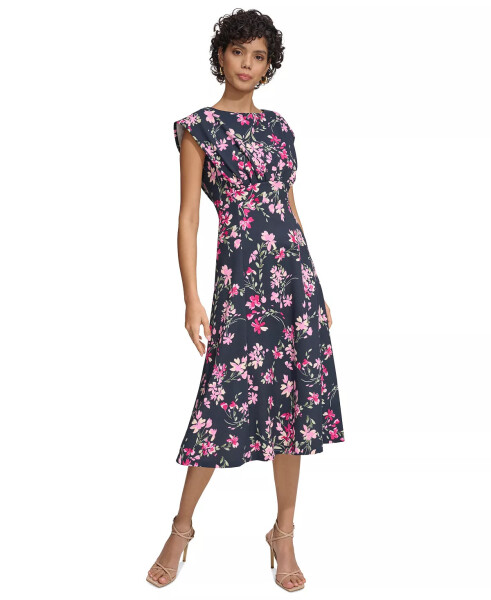 Women's Floral-Print Gathered-Waist Dress Dark Blue - 3