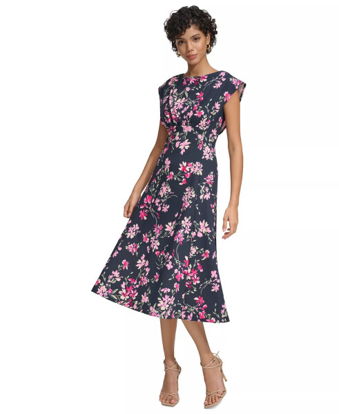 Women's Floral-Print Gathered-Waist Dress Dark Blue - 4