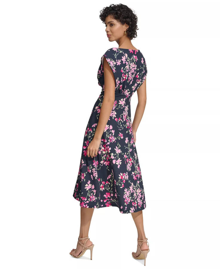 Women's Floral-Print Gathered-Waist Dress Dark Blue - 6