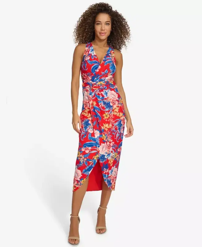 Women's Floral Side-Ruched Sleeveless Midi Dress-Red Multi - SIENA
