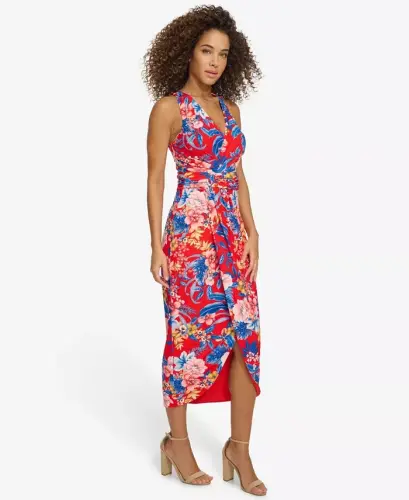 Women's Floral Side-Ruched Sleeveless Midi Dress-Red Multi - 3