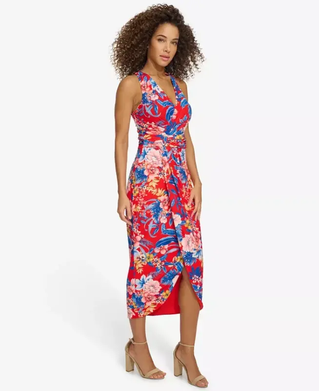 Women's Floral Side-Ruched Sleeveless Midi Dress-Red Multi - 3