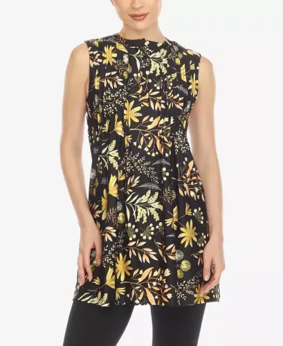 Women's Floral Sleeveless Tunic Top-Black 