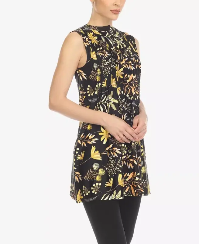 Women's Floral Sleeveless Tunic Top-Black - 3