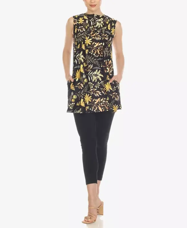 Women's Floral Sleeveless Tunic Top-Black - 5