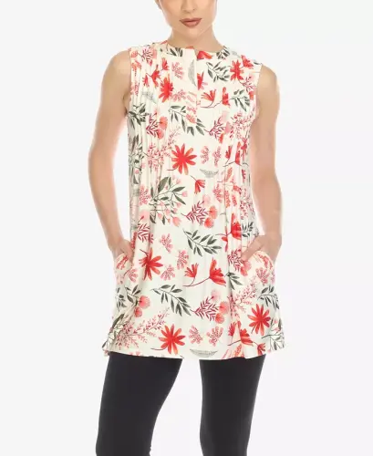 Women's Floral Sleeveless Tunic Top-Red - 1