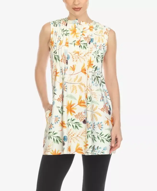 Women's Floral Sleeveless Tunic Top-White - 1