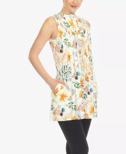 Women's Floral Sleeveless Tunic Top-White - 3