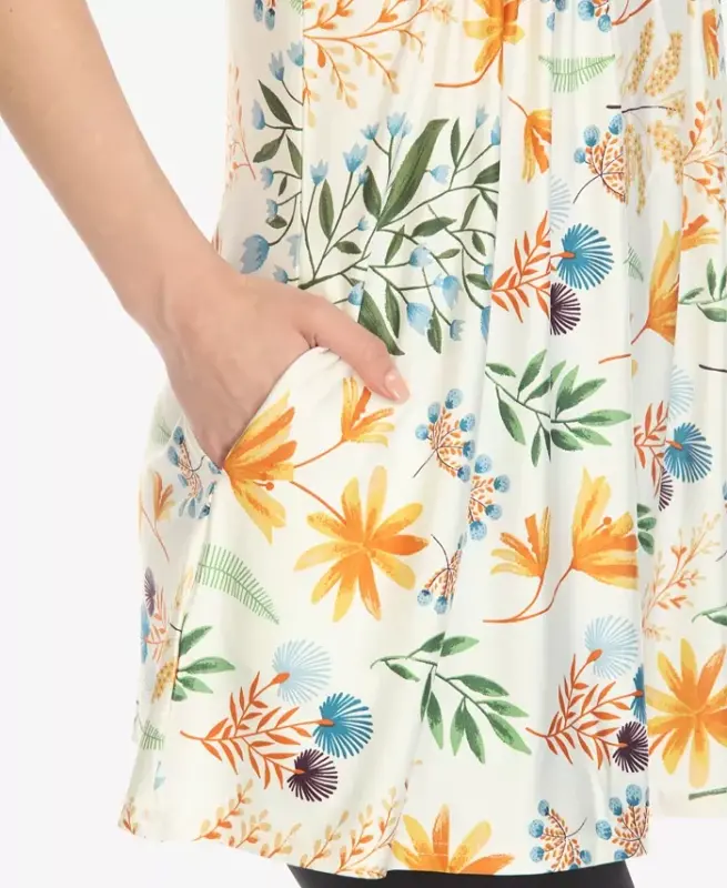 Women's Floral Sleeveless Tunic Top-White - 4