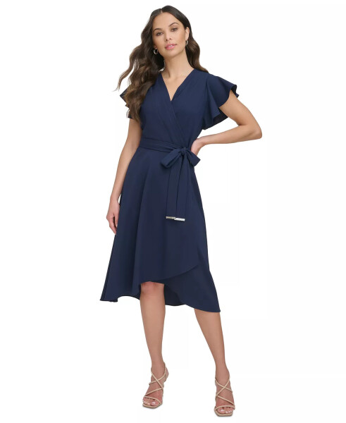 Women's Flutter-Sleeve Tie-Waist Faux-Wrap Dress Navy - 1