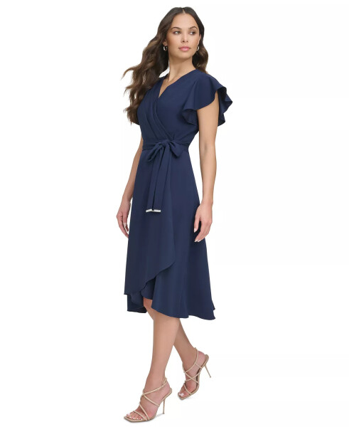 Women's Flutter-Sleeve Tie-Waist Faux-Wrap Dress Navy - 3