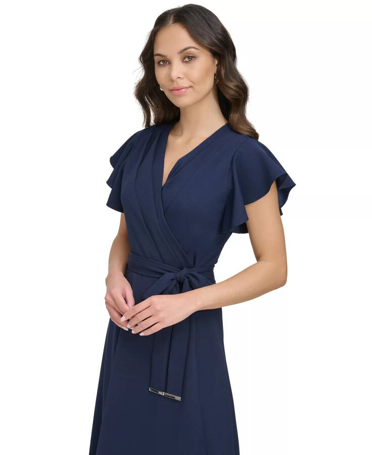 Women's Flutter-Sleeve Tie-Waist Faux-Wrap Dress Navy - 4