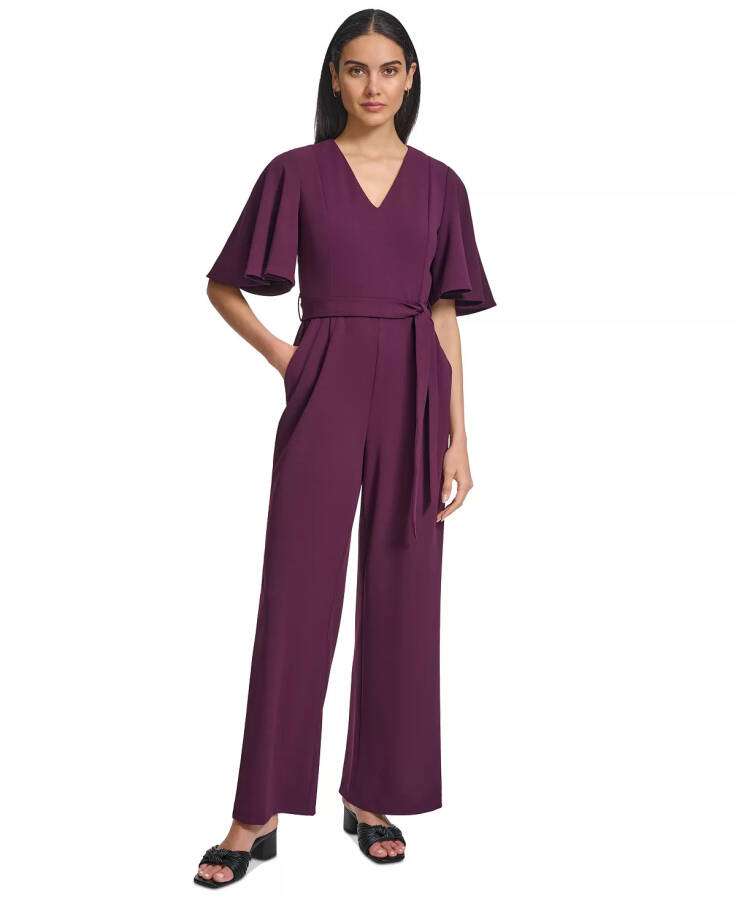 Women's Flutter-Sleeve Wide-Leg Jumpsuit Aubergine - 1