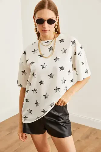 Women's Foil White Foil Printed Oversize T-Shirt TS - OLALOOK (1)