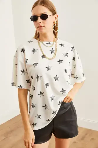 Women's Foil White Foil Printed Oversize T-Shirt TS - 3