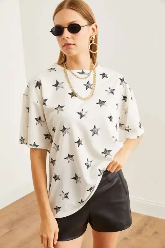 Women's Foil White Foil Printed Oversize T-Shirt TS - 3