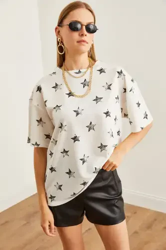 Women's Foil White Foil Printed Oversize T-Shirt TS - 4