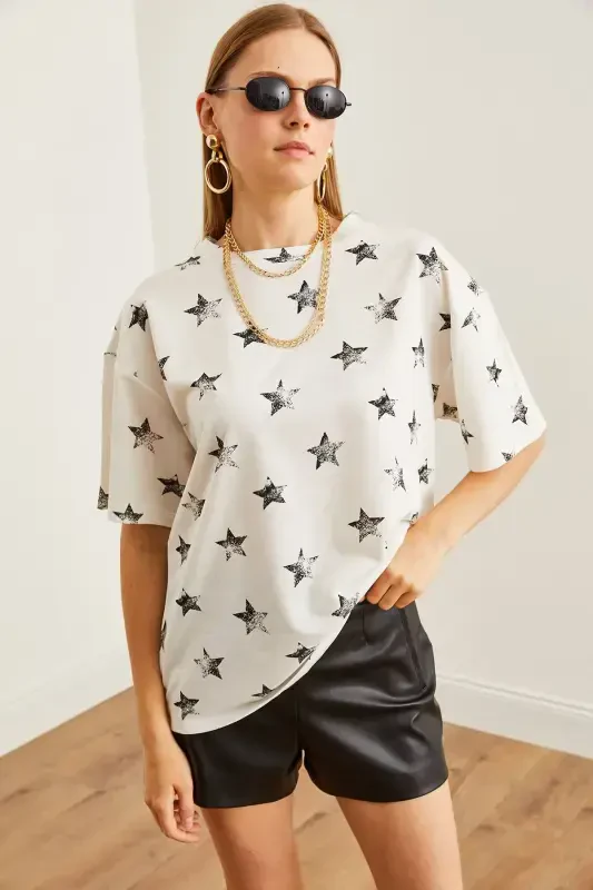 Women's Foil White Foil Printed Oversize T-Shirt TS - 4