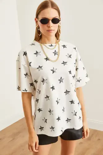 Women's Foil White Foil Printed Oversize T-Shirt TS - 5