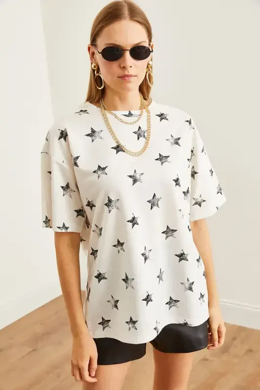 Women's Foil White Foil Printed Oversize T-Shirt TS - 5