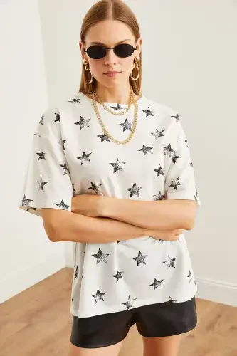 Women's Foil White Foil Printed Oversize T-Shirt TS - 6