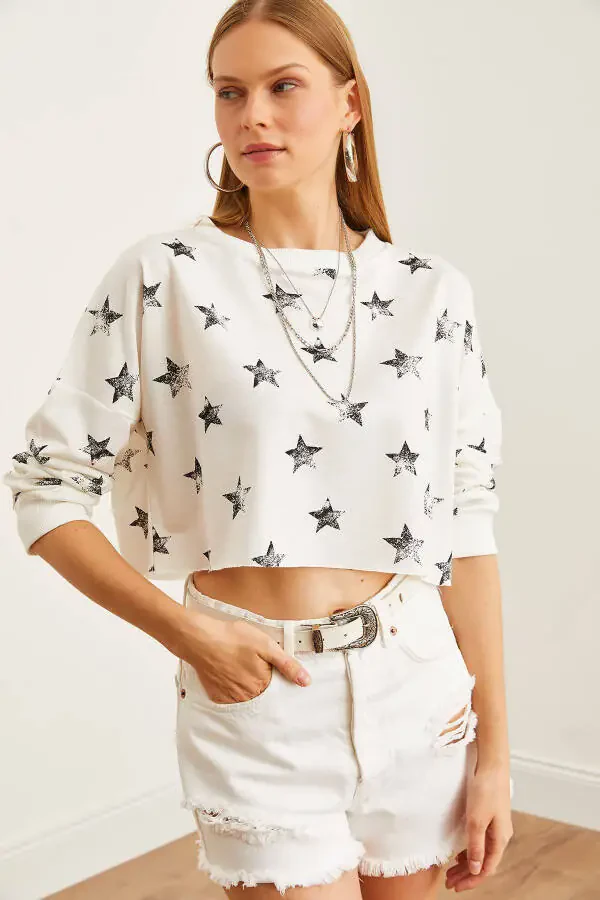 Women's Foil White Printed Crop Slim Sweatshirt SWT-19000652 - 1