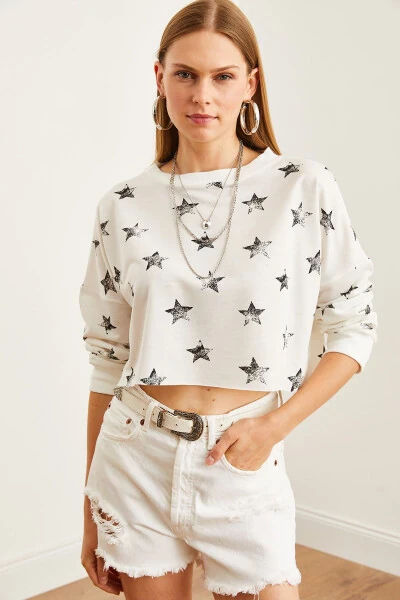 Women's Foil White Printed Crop Slim Sweatshirt SWT-19000652 - OLALOOK (1)
