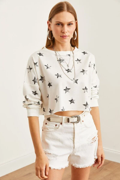 Women's Foil White Printed Crop Slim Sweatshirt SWT-19000652 - 3