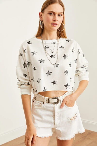 Women's Foil White Printed Crop Slim Sweatshirt SWT-19000652 - 4