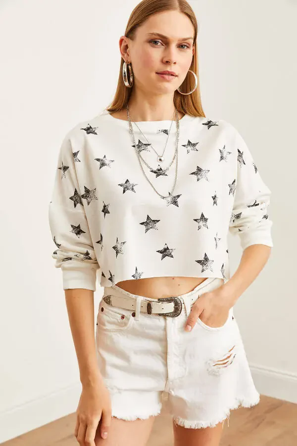 Women's Foil White Printed Crop Slim Sweatshirt SWT-19000652 - 4