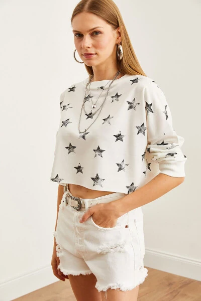 Women's Foil White Printed Crop Slim Sweatshirt SWT-19000652 - 5